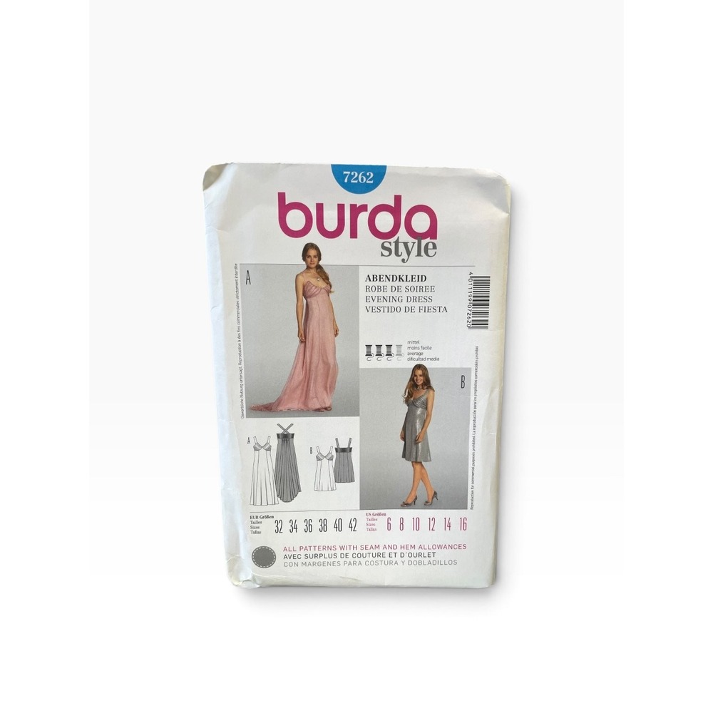 Burda Style 7262 Evening Dress US 6-16 Maxi Cocktail Gown Formal Party Uncut
